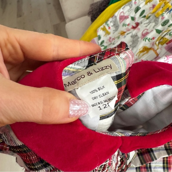 Marco & Lizzy silk plaid dress baby girl smocked puff sleeve peter pan collar - Picture 5 of 7